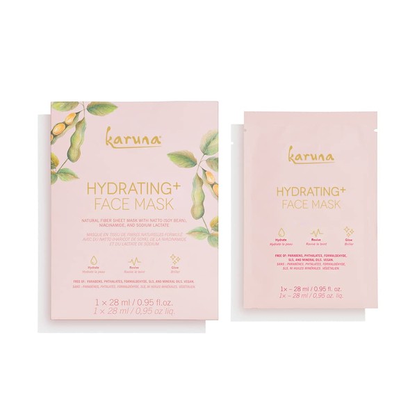 Karuna Skin - Hydrating+ Facial Mask for Well-Moisturized & Hydrated Skin, Glow-Enhancing Facial Skin Care Products, Hydrating Face Masks with Natto, Niacinamide & Sodium Lactate, 4 Sheets per Pack