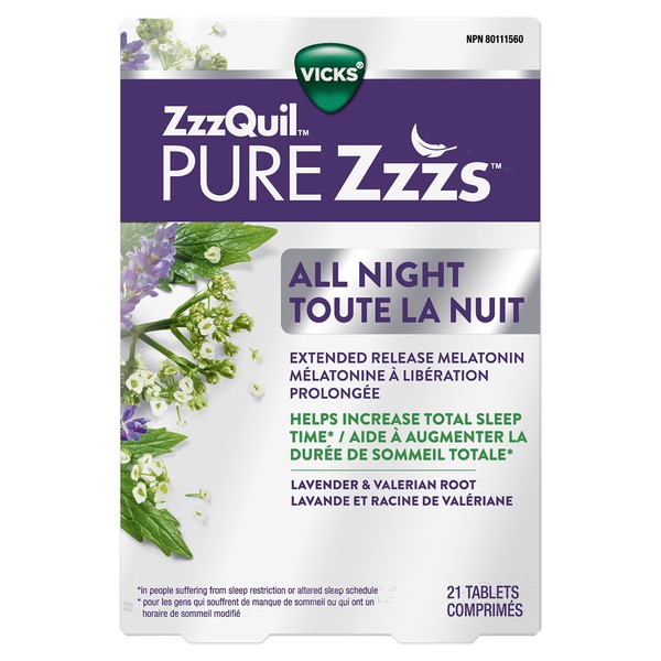 Vicks ZzzQuil PURE Zzzs All Night, Extended Release Melatonin Sleep Aid Tablets, Slow Release Melatonin Up To 6 hours, Sleep Aid For Adults, 2 mg Per Tablet, 21 Tablets