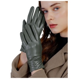 GSG Leather Gloves for Women Winter Warm Wool Lining Lambskin Driving Touchscreen Texting Gloves Gray Green L
