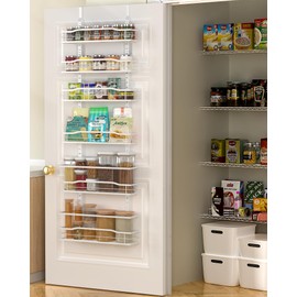 Moforoco White 6-Tier Over Door Pantry Organizer, Pantry Organization Storage, Door Metal Hanging Spice Rack Basket Shelves, Home Kitchen Apartment Essentials, Laundry Room Bathroom Organization