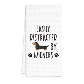 FIicy Dachshund Decor Kitchen & Bath Towels (16x24 Inch), Easily Distracted by Dog Decorative Hand Towels, Funny Dachshund Dog Decor