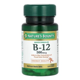 Natures Bounty, Vitamina B-12, Cereza Natural, 500 mcg, 100 Tabletas de Disolucin Rpida, Ayuda en la conversin de alimentos en energa, Disolucin...   