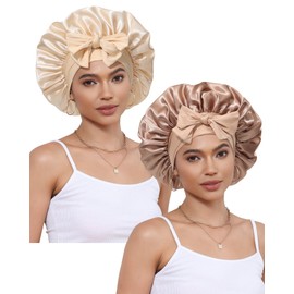 CHLINS 2 PCS Satin Bonnet Hair Bonnet for Sleeping Hair Wrap with Elastic Tie Band (Coffee+Champagne)