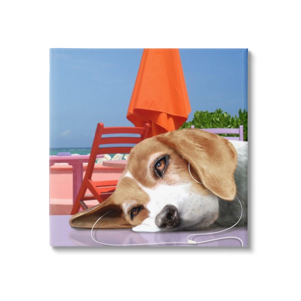 Stupell Industries Tired Dog Laying Music Headphones Summer Beach, Design
