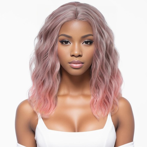 PARXITN Short Bob Wig Sakura Pink Curly Wavy Synthetic Hair