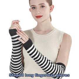 SwirlColor Women's Striped Arm Warmers Arm Long Fingerless Gloves for Women Sleeves Arm Warmers Autumn Winter Accessories, White, grey
