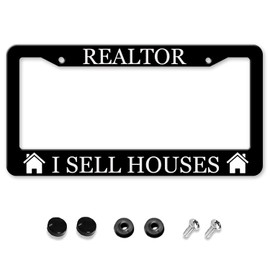 HUIXIA Realtor I Sell House License Plate Frame, Black License Plate Frames for Women Men, Aluminum Vintage Funny Front License Plate Holder Cover Car Tag Decor with 2 Holes (SYC-76)