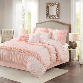 Homechoice Decor 7 Pieces Elegant French Country Bed in a Bag, Peach Pink Handmade Bow Tie Fluffy Bed Comforter with Down Alternative Filling, Vintage Ruched Bed Sets for Bedroom, King (LQ-33)