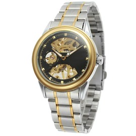 WINNER Men Hollow Mechanical Waterproof Watch Wristwatch (Black Dial Gold Case)