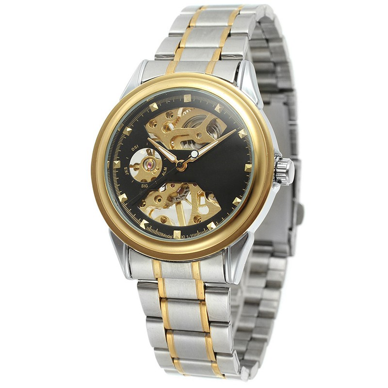 WINNER Men Hollow Mechanical Waterproof Watch Wristwatch (Black Dial Gold