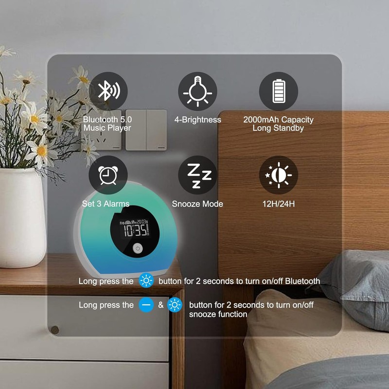 QingHong Kids Wake Up Light Alarm Clock with Bluetooth Speaker,