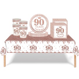53Pcs Rose Gold 90th Birthday Party Tableware Decorations,90th Birthday Table Cloth Plates and Napkins Cups Sets for Her Women Birthday Table Decorations for 90th Birthday Gifts Dinnerware Supplies