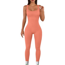 TrainingGirl Women One Piece Jumpsuit Square Neck Workout Bodysuit Ribbed Sleeveless Sports Romper Tummy Control Yoga Bodycon (Coral Orange, X-Large)