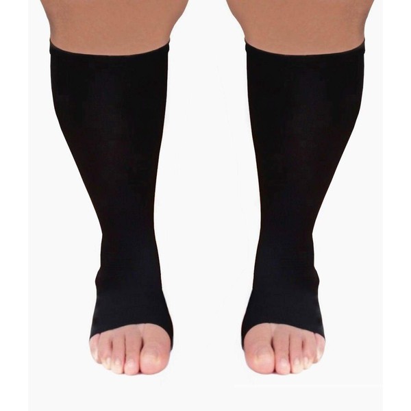 Runee Extra Wide Open Toe Knee High Compression Sock, Wide Calf Size (Black)