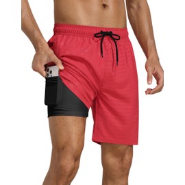 Nonwe Mens Swimsuit Trunks with Compression Liner Elastic Waist American Flag Printed Beach Shorts Red 38