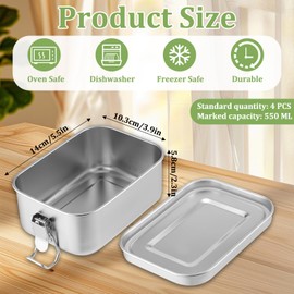 Giantree 4 Pcs Stainless Steel Food Containers 550ml Metal Bento Lunch Box Stainless Steel Food Storage Containers, Lockable Clips to Leak Proof, Reusable Dishwasher Snack Boxes for Work