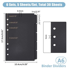 SUPERFINDINGS 30 Sheets 5 Tab Binder Dividers A6 Paper 6-Hole Binder Dividers 17.3x10.4cm A6 Notebook Index Dividers with Tabs Black Write On Dividers for Notebook Folders Schedule