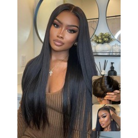 Nadula Light Yaki Straight Glueless Drawstring Wig human Hair, Pre Cut 7x5 HD Bye Bye Knots Lace Front Wigs Pre Plucked Invisible Knots Ready to Wear Kinky Straight Wig 150% Density 16inch