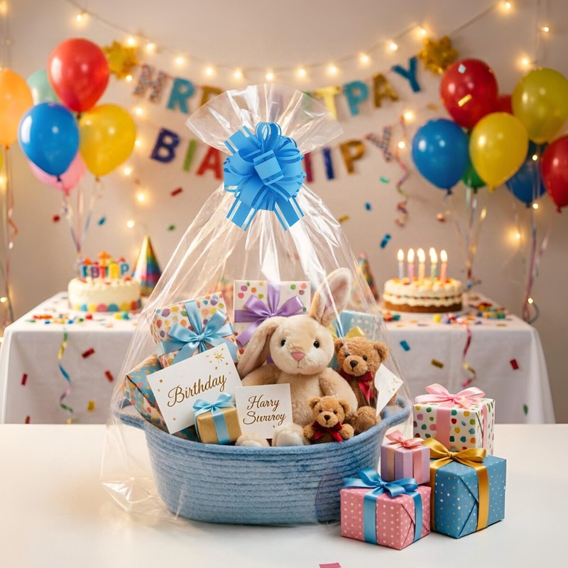 TONIFUL Blue Small Woven Basket with Gift Bag and Pullbow