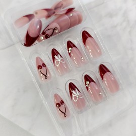 24Pcs Red French Tip Press on Nails Almond Medium Fake Nails with Sparkly Rhinestones Gems Designs Cherry Silver Bow Acrylic Nails Full Cover Glue on Nails for Women Manicure Accessories