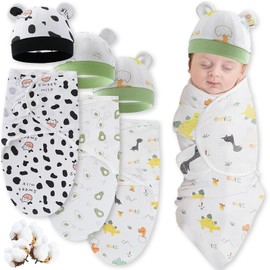 3Pcs Manta Envolvente Ajustable Bebe, Swaddle Bebe 0 a 3 Meses, Saco para Dormir Bebe con Gorro, Paños de Muselina para Bebé,100% Franela Algodón para Recién Nacido, Ultra Delgada Transpirable y Suave