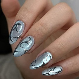 24 Pcs Almond Press on Nails Short Nail Tips - SHANRUN Fall Acrylic Nail Art Kit Fake Nails Press ons French Tip Glue on Nails Stick on Nails with Cat's Eye Silver Texture Design False Nail for Women