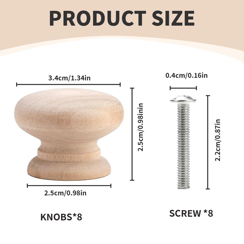 Benaewa 8 Pcs Wooden Door Knobs with Screws, 35mm*25mm Drawer