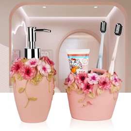 Vintage Bathroom Accessories Set with Flower Decor - Resin -Lotion Hand Soap Dispenser and Toothbrush Holder, 2pcs Pink Bathroom Accessory Set