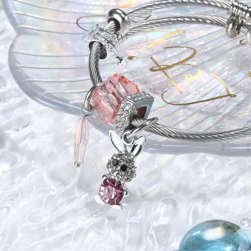 Women's Popular Rabbit Bangle, Pink, Blue, Adjustable, Opening, Platinum, Zircon