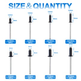 420pcs Pop Rivets, BESTYCHAO 8 Sizes Aluminum Blind Rivets, M3.2 M4 Black Pop Rivets Assortment Kit