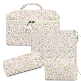 GISMTR 4Pcs Quilted Makeup Bag Set Cute Floral Cosmetic Bag Cotton Coquette Make up Bag Aesthetic Travel Toiletry Bag for Women Girls