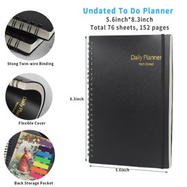 2 Pack Undated Daily Planner, To Do List Notebook Hourly Schedules Spiral Appointment Planner, Time Management Manual and Planner 5.6" x 8.3" 152 Pages