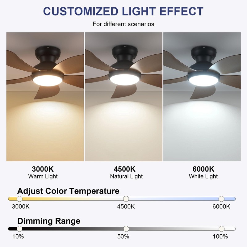 PHORUS Low Profile Ceiling Fans with Lights and Remote,42" Small
