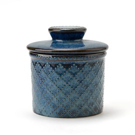XELA - Ceramic Butter Crock - Butter Dish with Lid for Countertop - Keep Your Butter Perfectly Spreadable 24/7 - Embossed - Kiln Turns Blue