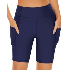 Holipick - Pantalones cortos de natación para mujer, con control de abdomen, cintura alta, con bolsillos, pantalones cortos de natación para niño, Azul marino, M