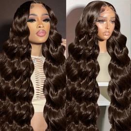 13x6 Chocolate Brown HD Lace Frontal Wig 34 Inch Body Wave Lace Front Wigs Human Hair 200 Density HD Transparent Lace Frontal Wig Colored Glueless Human Hair Pre Plucked with Baby Hair for Women