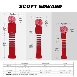 Scott Edward Knitted Golf Club Head Covers for Woods 3Pcs Set Golf Driver (460CC) Fairways and Hybrid/UT with Rotating Number Tags(Crimson Red)