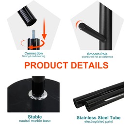 OIRUMIE Coat Rack with Natural Marble Base, Metal Freestanding Coat Racks, Heavy Duty Coat Rack Stand with 8 Hooks for Hanging Scarf, Bag, Jacket, Black Coat Hall Tree Hanger Holder Stand