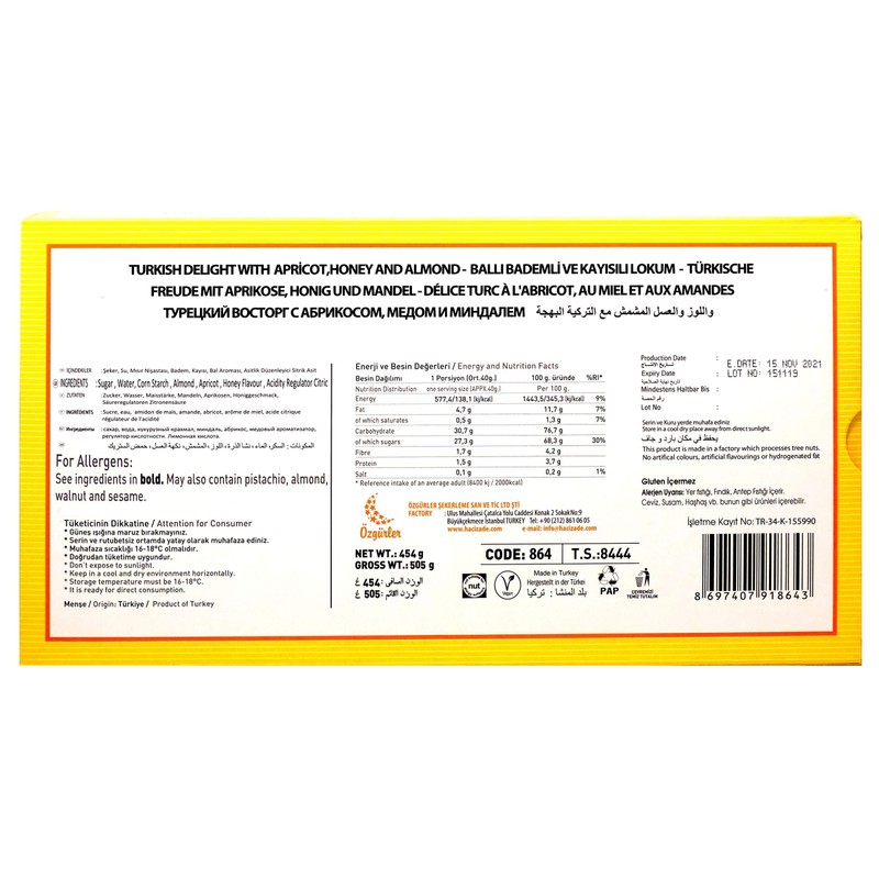 Hacizade Turkish Delight With Apricot, Honey, and Almond, 454g, 1