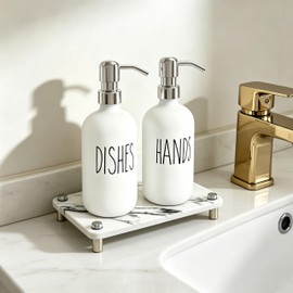 Bathroom Soap Dispenser Set with Tray, Glass Hand Soap Dispenser with Stainless Steel Pump, Non Slip Vanity Counter Organizer, Refillable Lotion Dispenser for Bathroom Sink Accessories, Silver & White