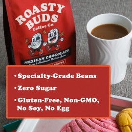 Roasty Buds Mexican Chocolate Whole Bean | Café Mexicano 100% Arabica Coffee, Natural Chocolate & Cinnamon Flavors (12 oz) | Gluten-Free, Non-GMO, No Sugar | Medium Roast (12 Ounce, Mexican Chocolate Whole Bean)