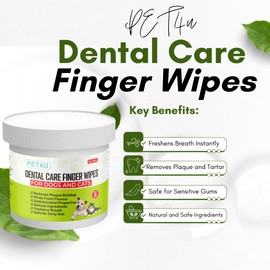 PET4U Dental Finger Wipes for Dogs and Cats - 80ct - Fights Plaque, Tartar & Bad Breath - Gentle & pH Balanced Dog Teeth Cleaning Wipes - Dog Dental Wipes Mint Scent