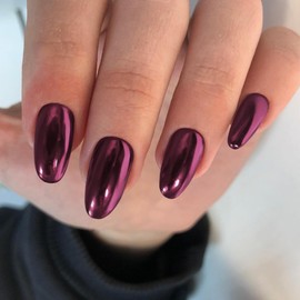 Pink Purplish Chrome Press on Nails Short Oval,SXVME Mirror Metal Almond Acrylic Fake Nails Glue on,Glitter Stick on Nails Press ons for Women,Glossy Stiletto False Nails for Daily Wear in 24 PCS