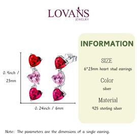 Heart Dangle Earrings for Women 925 Sterling Silver Drop Stud Earrings with Heart Shaped Cubic Zirconia(DeepRed/Red/Pink)