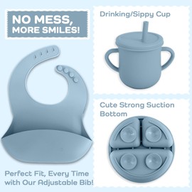 FlexiBaby 6 PCS Silicone Baby Feeding Set for Toddler First Eating - Led Weaning Supplies with Suction Divided Plate, Bowl, Cup, Bib, Spoon & Fork - Infant Self Feeding Dishes & Utensils (Light Blue)