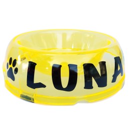 Jeyfel Decals: Custom Name. Customized. Neon Clear Color Dog Cat Pet Food Bowl. Translucent Dish. (Yellow, SM-1Cup)