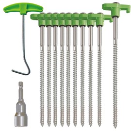 Hynhsun 10-Pack 8" Heavy Duty Screw in Tent Stakes, Drill-in Non-Rust Ground Anchor Pegs, Metal Tent Accessories for Camping, Garden, Hiking, Green