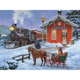 Bits and Pieces - 300 Large Piece Glow in The Dark Puzzle for Adults - 18” x 24” Finished Size - Home for The Holidays by Artist John Sloane - Christmas Reunion - 300 pc Jigsaw