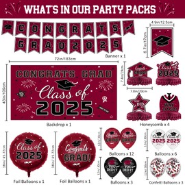Maroon Themed Graduation Decorations Class of 2025 - Congrats Grad Banner & Backdrop, Graduation Hanging Swirl, Balloons, Honeycomb Centerpieces for High School & College Celebrations