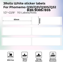 Phomemo Q30 Q30S Q31 Q32 D30 D35 D30S Labels, 14mm X 60mm [ 1/2" X2 1/4"] Label Tape for Phomemo Q30S/D30 Series Label Maker, Phomemo Labels Suitable for School,Home,Name,110pcs/Roll, Total 3 Rolls